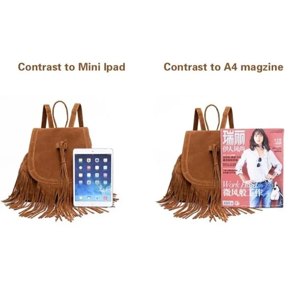 ✨Women Brown Leather Suede Fringed Tassel Backpack Purse Fashion Shoulder Bag - Picture 5 of 7